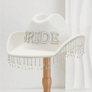White Bride Cowboy Hat with Rhinestone Fringe